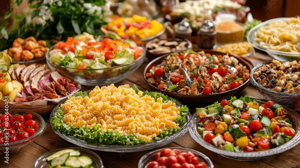 The table is filled with dishes and food. A set of salads, pasta and snacks. Food background The table is filled with dishes and food. A set of salads, pasta and snacks. Food background