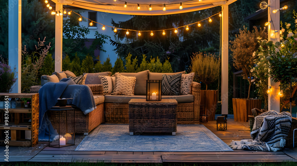 Cozy Backyard Patio with String Lights and Wicker Furniture Cozy Backyard Patio with String Lights and Wicker Furniture
