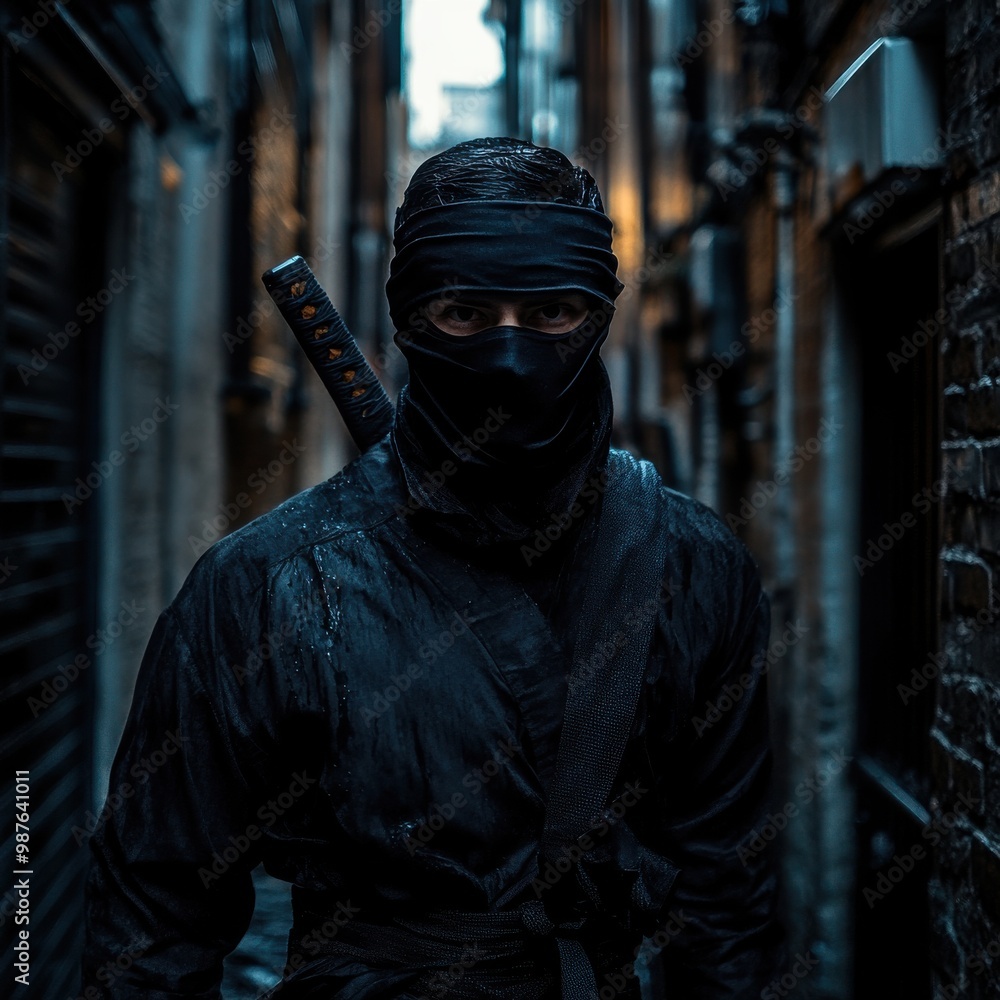 Mysterious ninja in a narrow urban alleyway at dusk Mysterious ninja in a narrow urban alleyway at dusk