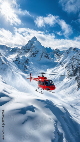 Heli-skiing - Phone Wallpaper, helicopter, mountains, snow, winter, sky, clouds, red helicopter, snowy peaks, aerial view, adventure, remote, transportation