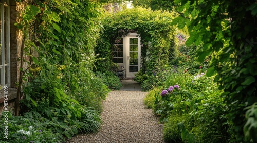 An inviting English front yard garden with a gravel path leading to a vine-covered archway, surrounded by lush greenery, no people, no logo.