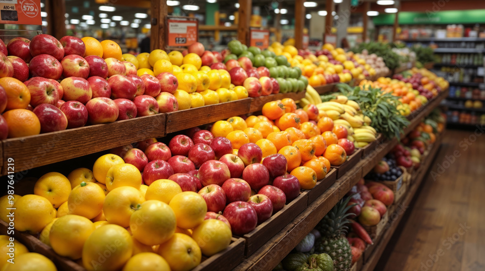 Fresh fruits: apples, oranges, bananas, pineapples, on shelves Fresh fruits: apples, oranges, bananas, pineapples, on shelves