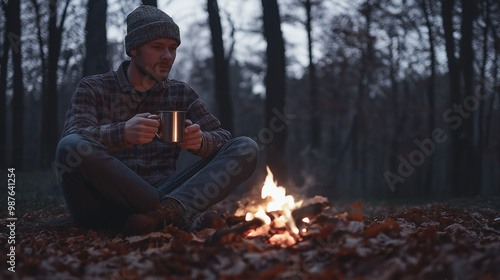 A single man sitting beside a small campfire in a forest during late autumn, wearing a flannel shirt and a beanie. He holds a metal mug of coffee or tea in his hands, warming them near the fire