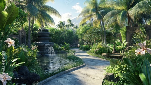 Balinese garden design with a water feature, lush palm trees, and frangipani blossoms scattered along the path, no people, no logo.