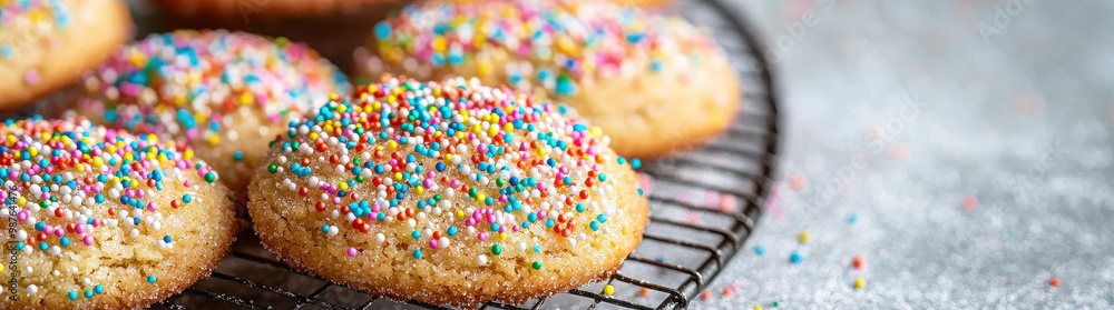 A batch of colorful, sugar-sprinkled cookies cooling on a wire rack, fresh from the oven, and embodying the joy and nostalgia of homemade baking, ideal for sweet cravings. A batch of colorful, sugar-sprinkled cookies cooling on a wire rack, fresh from the oven, and embodying the joy and nostalgia of homemade baking, ideal for sweet cravings.