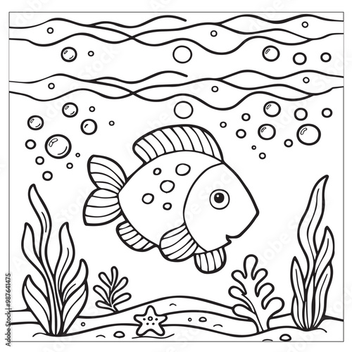 Fish Coloring page for kids coloring book,vector Illustration seawater cute fishes activity worksheet for children