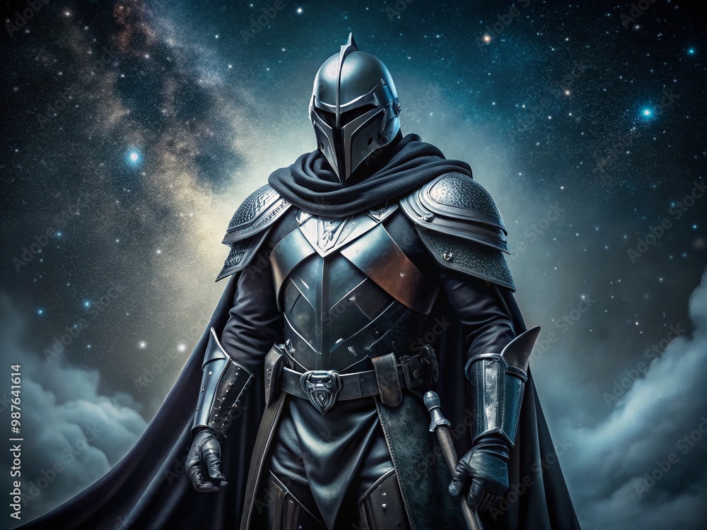 Dark warrior in black armor with a flowing cape and iconic helmet standing against a starry backdrop Dark warrior in black armor with a flowing cape and iconic helmet standing against a starry backdrop