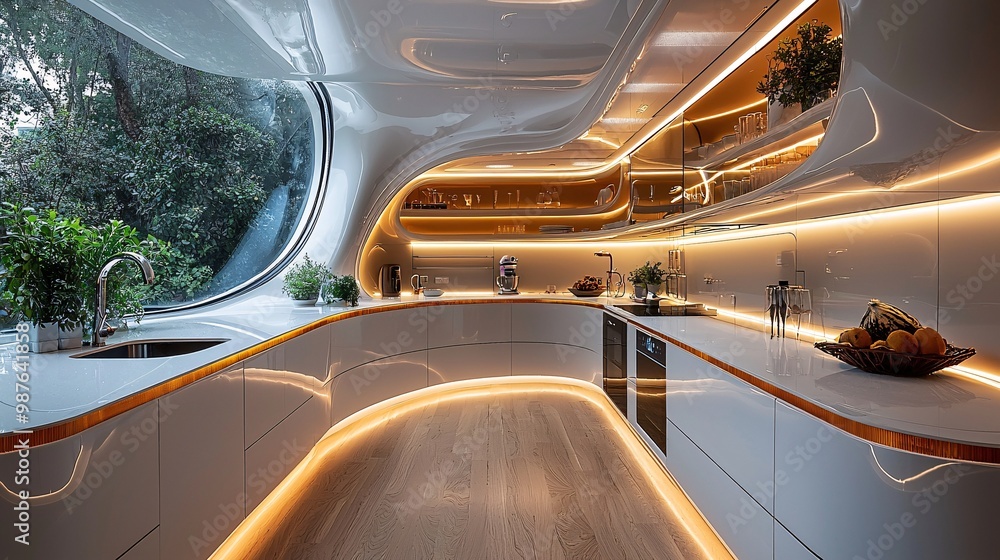 Fototapeta premium A sleek, futuristic kitchen featuring seamless white countertops, smart touch panels, and integrated LED lighting along the cabinets