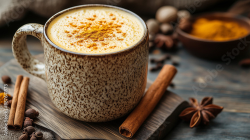 Cozy turmeric latte in speckled mug with spices on wooden board surrounded by coffee beans and cinnamon sticks with copy space