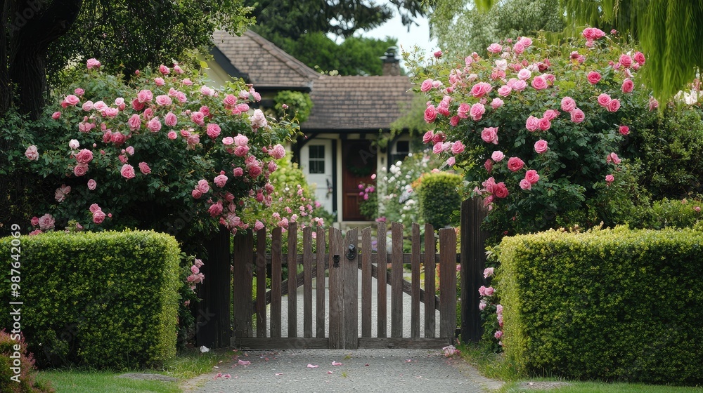 Obraz premium English country front yard featuring a quaint wooden gate, blooming roses, and neatly trimmed hedges, no people, no logo.