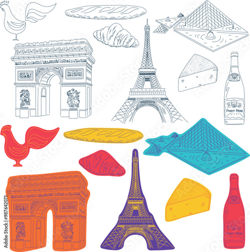 Paris France Travel Landmarks and Culture Icons Set