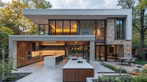 A modern kitchen featuring seamless white countertops and smart technology that allows for automated cooking and cleaning