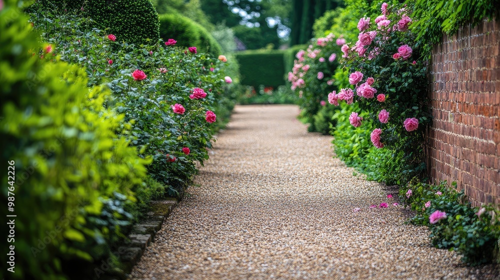 English country garden with a charming brick wall, neatly pruned bushes, and blooming roses lining a gravel walkway, no people, no logo. English country garden with a charming brick wall, neatly pruned bushes, and blooming roses lining a gravel walkway, no people, no logo.