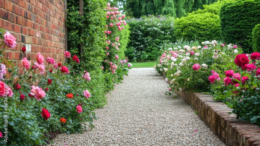 English country garden with a charming brick wall, neatly pruned bushes, and blooming roses lining a gravel walkway, no people, no logo. English country garden with a charming brick wall, neatly pruned bushes, and blooming roses lining a gravel walkway, no people, no logo.