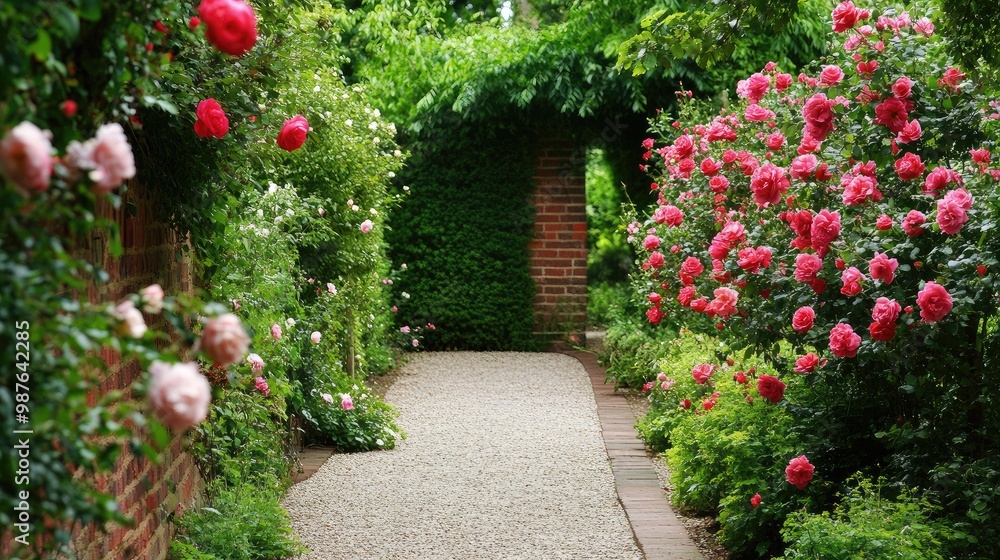 Naklejka premium English country garden with a charming brick wall, neatly pruned bushes, and blooming roses lining a gravel walkway, no people, no logo.