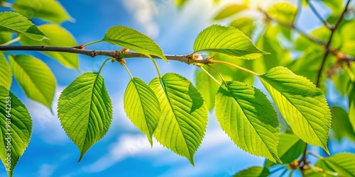 Delicate Cherry Tree Leaves in Vibrant Green Color Against a Soft Blue Sky Background in Spring