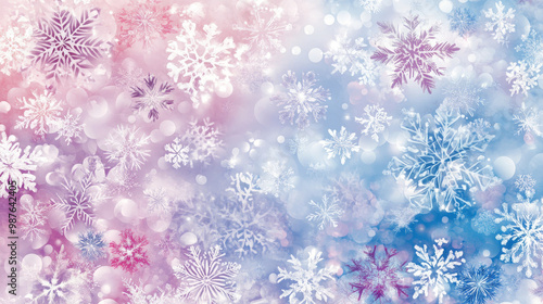 A beautiful winter-themed background featuring intricate snowflakes in shades of pink and blue, creating a serene and festive atmosphere