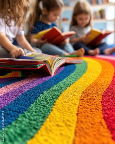 Group of children reading books together on a colorful classroom carpet, bright natural light, playful and engaging atmosphere, perfect for early childhood education themes