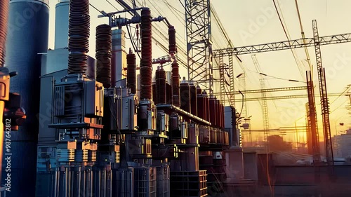 High-voltage power station at sunset, featuring transformers, electrical infrastructure, and industrial energy production.

 photo