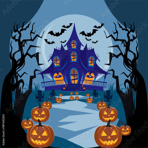 Haunted House With a Full Moon Halloween Illustration