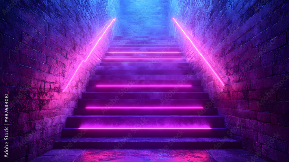 Purple Neon Lights on Concrete Steps - 3D Illustration Purple Neon Lights on Concrete Steps - 3D Illustration