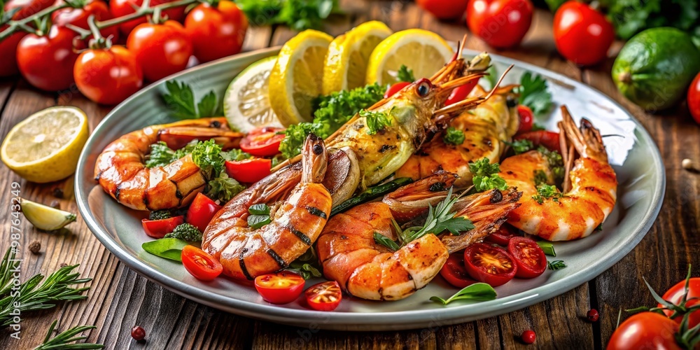 Delicious Grilled Shrimp Dinner Served on a Plate with Fresh Vegetables and Lemon Garnish Delicious Grilled Shrimp Dinner Served on a Plate with Fresh Vegetables and Lemon Garnish