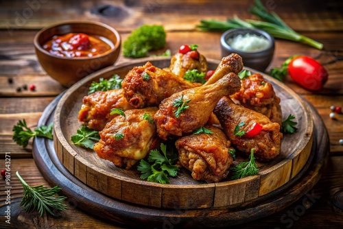 Deliciously Crispy Chicken Wing Drumsticks Served on a Rustic Wooden Platter Ready to Enjoy