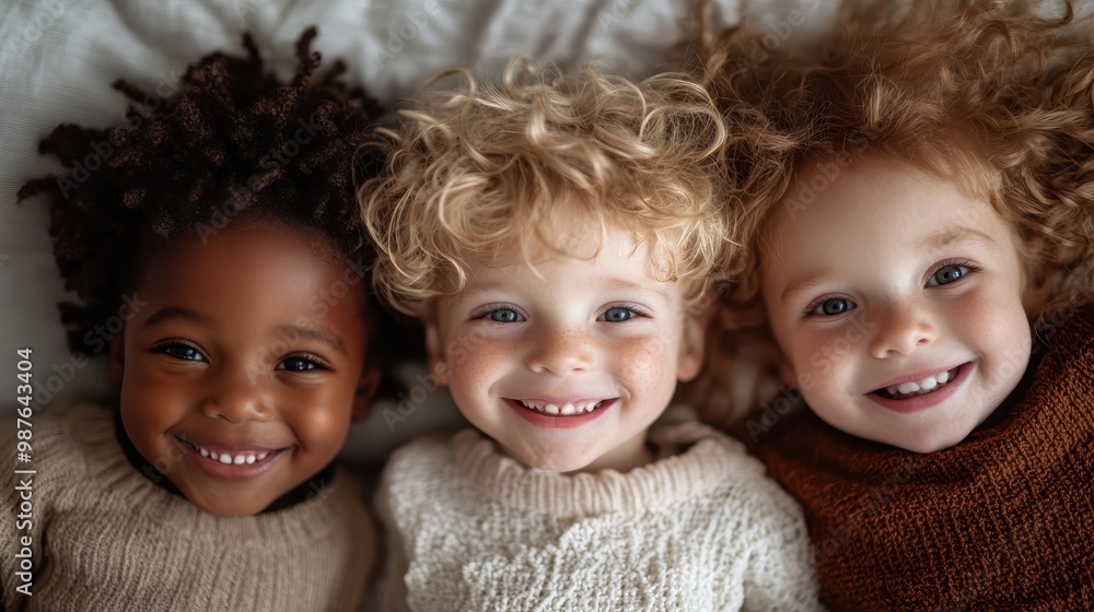 Three diverse children lie together, smiling warmly, representing joy, unity, and friendship, showcasing the essence of childhood connection and warmth. Three diverse children lie together, smiling warmly, representing joy, unity, and friendship, showcasing the essence of childhood connection and warmth.