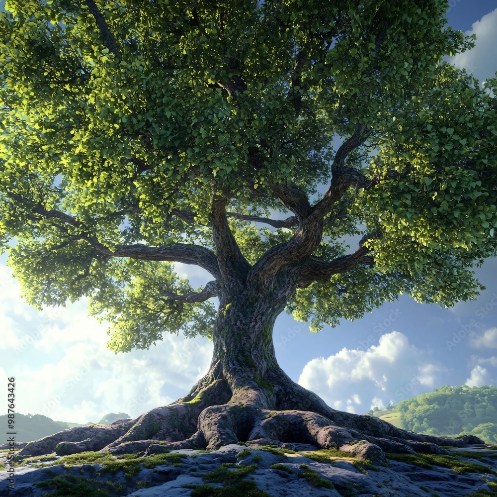 A large tree with thick roots and lush green leaves stands tall against a blue sky with white clouds. A large tree with thick roots and lush green leaves stands tall against a blue sky with white clouds.