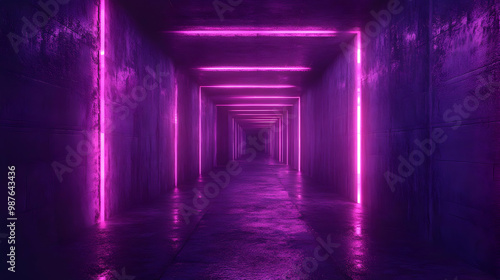 Purple Neon Glow in a Concrete Corridor 3D Illustration