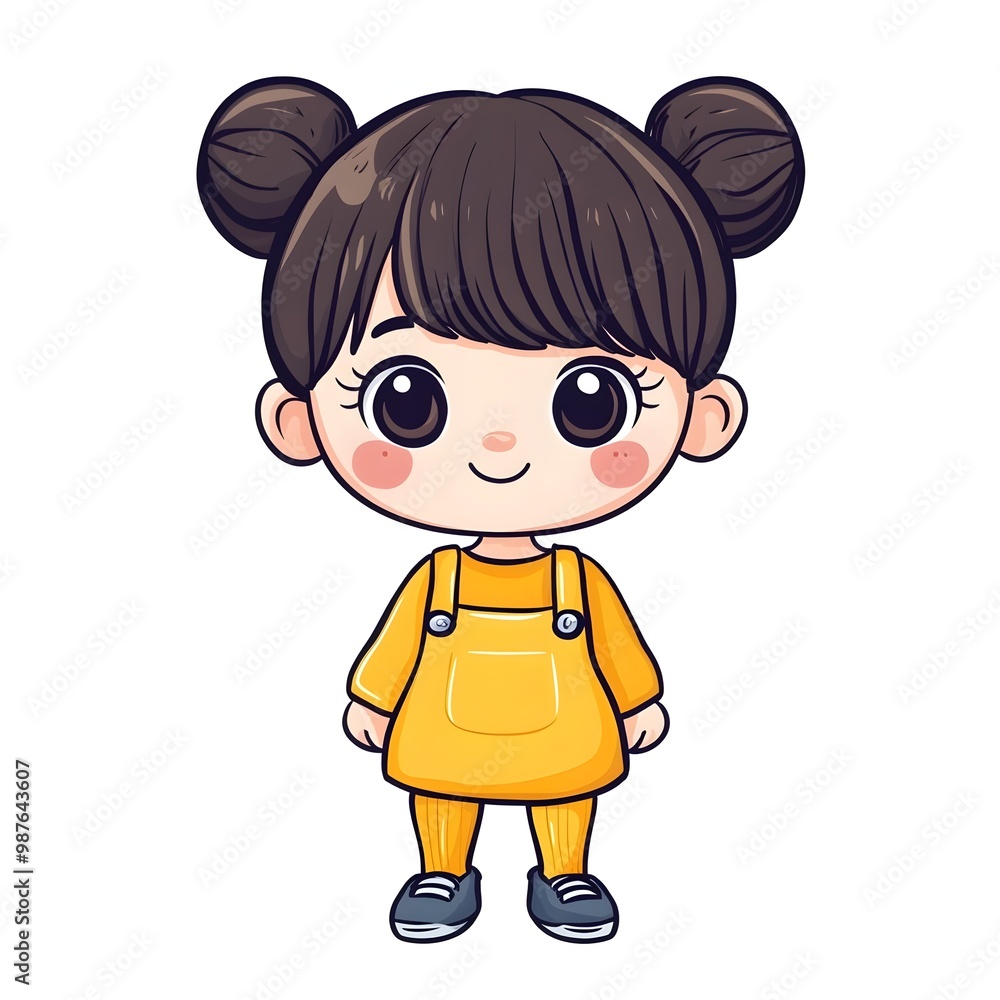 Cute cartoon illustration of a young girl with brown hair wearing a yellow dress. She has large eyes and a sweet smile. Cute cartoon illustration of a young girl with brown hair wearing a yellow dress. She has large eyes and a sweet smile.