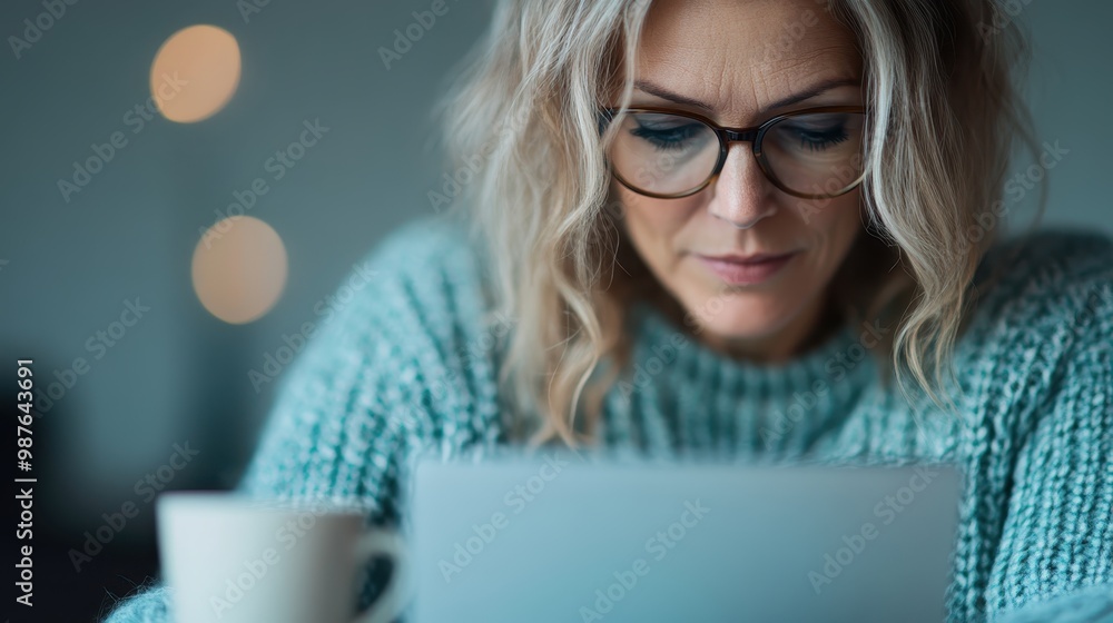 A woman in a sweater and glasses focuses on her laptop beside a coffee cup, illustrating dedication and focus within a cozy workspace setting. A woman in a sweater and glasses focuses on her laptop beside a coffee cup, illustrating dedication and focus within a cozy workspace setting.