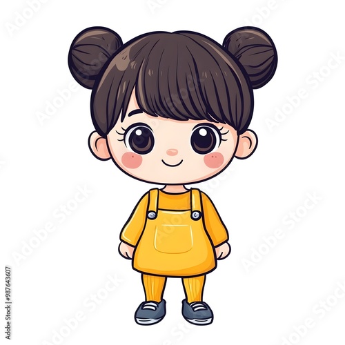 Cute cartoon illustration of a young girl with brown hair wearing a yellow dress. She has large eyes and a sweet smile.