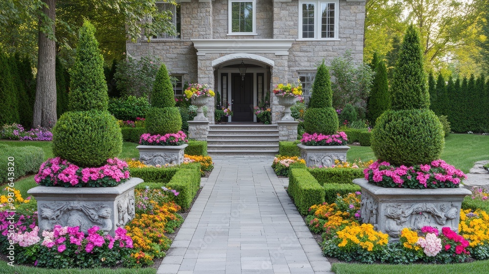 Front yard with topiary trees, antique stone planters, and colorful flower beds, in a classic European design, no people, no logo. Front yard with topiary trees, antique stone planters, and colorful flower beds, in a classic European design, no people, no logo.