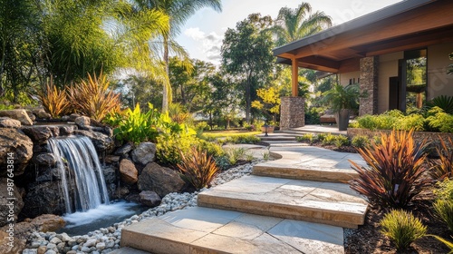 Front yard with resort-style landscaping featuring stone walkways, tropical plants, and a calming waterfall, no people, no logos.