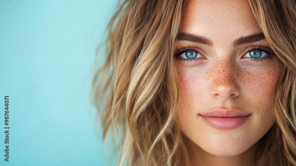 This close-up captures a woman with a poised smile and striking blue eyes against a bright background, portraying natural beauty and confidence. This close-up captures a woman with a poised smile and striking blue eyes against a bright background, portraying natural beauty and confidence.