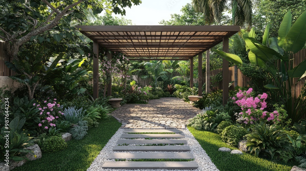 Relaxing resort-inspired front yard with a shaded pergola, stone path, and tropical flowers, no people, no logos. Relaxing resort-inspired front yard with a shaded pergola, stone path, and tropical flowers, no people, no logos.