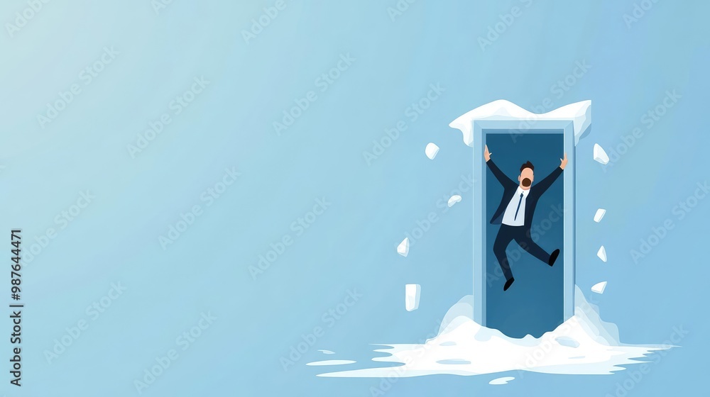 Naklejka premium A startled man emerges from a snowy door, representing unexpected challenges in a winter landscape.