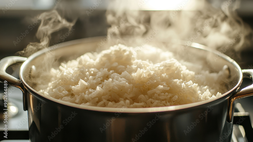 A steaming pot of freshly cooked white rice sits on a stovetop, with clouds of inviting steam rising, suggesting warmth and culinary satisfaction. A steaming pot of freshly cooked white rice sits on a stovetop, with clouds of inviting steam rising, suggesting warmth and culinary satisfaction.