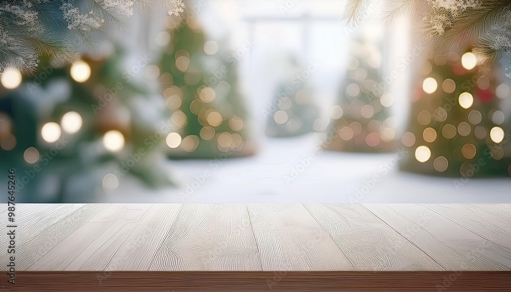 White the wooden tabletop that is vacant and has a blurry Christmas background. White the wooden tabletop that is vacant and has a blurry Christmas background.