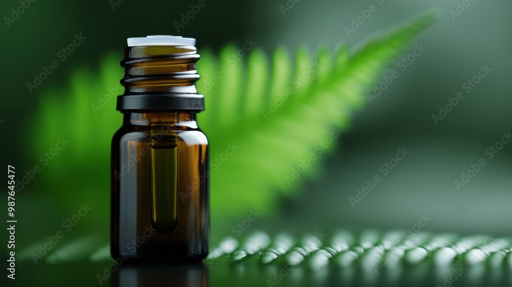 An image showcasing a small amber glass bottle filled with liquid placed in front of a vibrant green fern leaf, highlighting a natural and organic theme. An image showcasing a small amber glass bottle filled with liquid placed in front of a vibrant green fern leaf, highlighting a natural and organic theme.