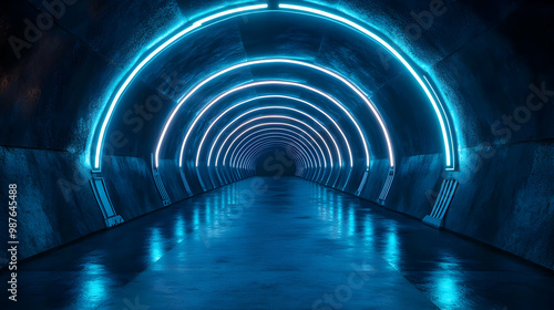 Neon Blue Arched Tunnel 3D Illustration