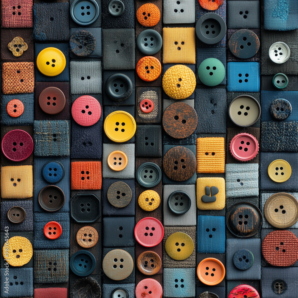 Obraz premium Colorful button collection in geometric pattern against dark background