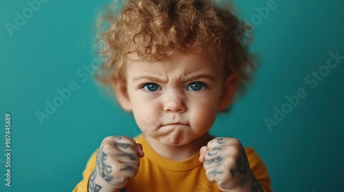 A young child with curly hair, tattoos drawn on arms, shows a fierce expression with curled fists. This energetic image captures playful defiance and mischief. photo