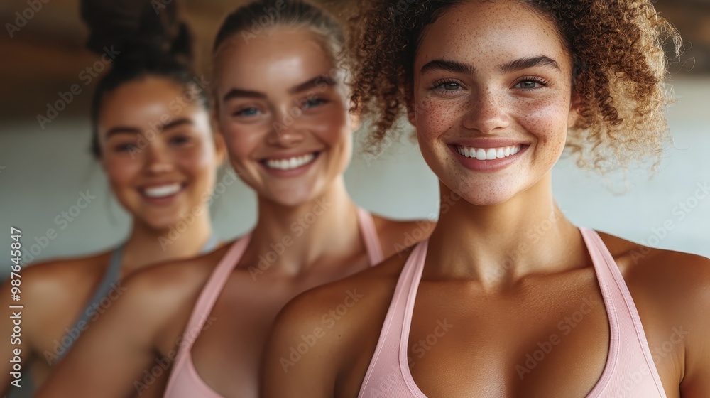 Three women, each wearing sports bras, stand closely together, smiling. Their expressions convey vitality, camaraderie, and health in a fitness setting. Three women, each wearing sports bras, stand closely together, smiling. Their expressions convey vitality, camaraderie, and health in a fitness setting.