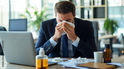 A businessman in a suit sits at his desk in a modern office, showing clear signs of a cold. He sneezes, covering his nose with a tissue, while in front of him, a laptop is open. On the desk