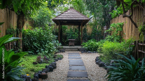 Thai-style garden with a small pagoda, lush greenery, and a simple bamboo fence, no people, no logo.