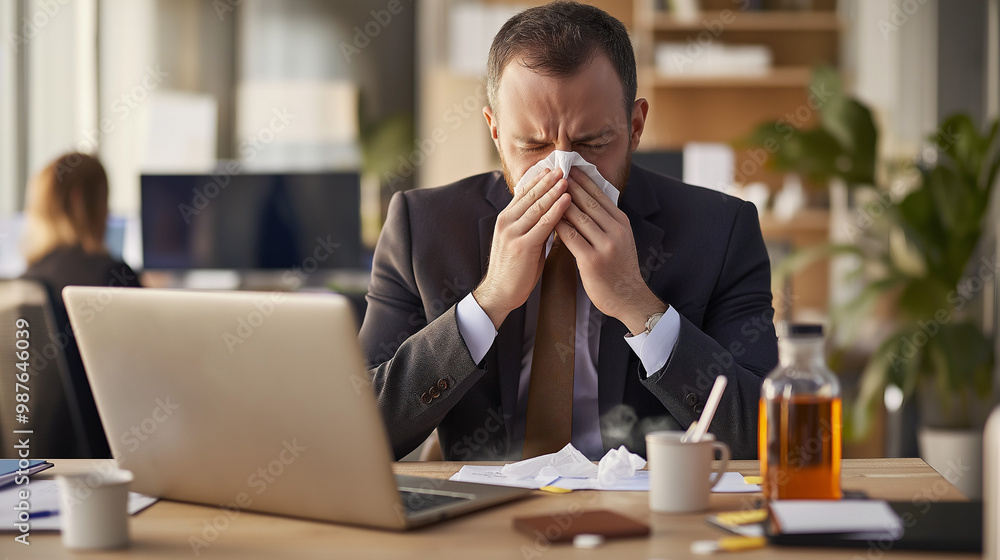 A businessman in a suit sits at his desk in a modern office, showing clear signs of a cold. He sneezes, covering his nose with a tissue, while in front of him, a laptop is open. On the desk A businessman in a suit sits at his desk in a modern office, showing clear signs of a cold. He sneezes, covering his nose with a tissue, while in front of him, a laptop is open. On the desk