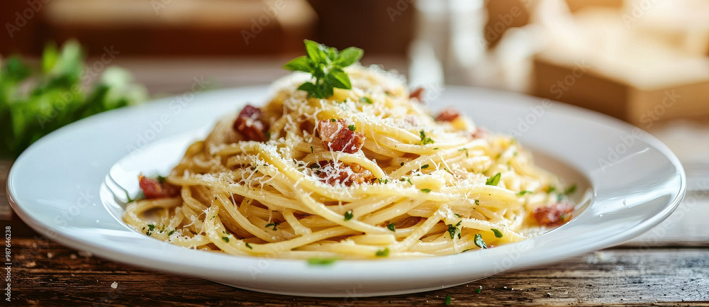 A visually appealing plate of spaghetti carbonara, garnished with freshly grated cheese and green herbs, emanating an enticing aroma and showcasing a classic Italian dish. A visually appealing plate of spaghetti carbonara, garnished with freshly grated cheese and green herbs, emanating an enticing aroma and showcasing a classic Italian dish.