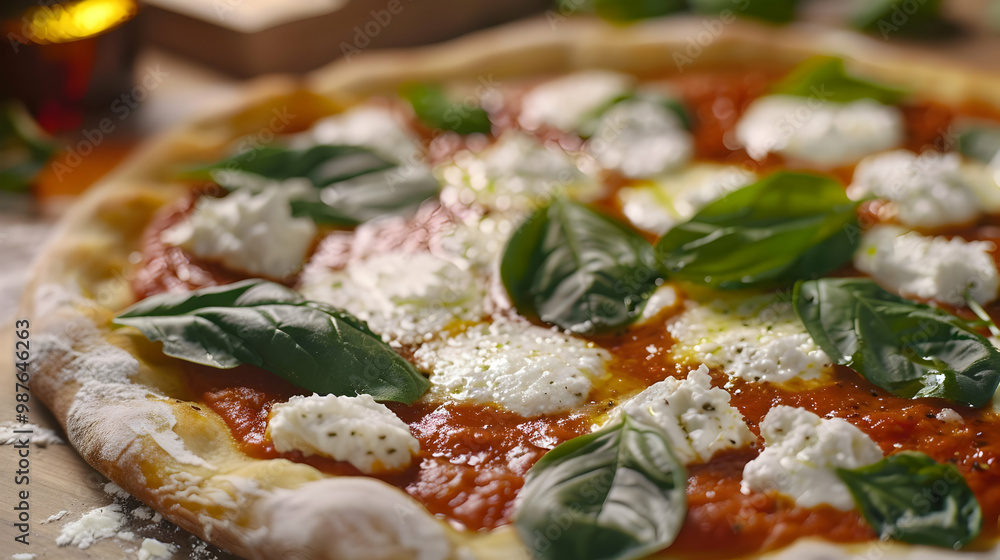 Close-up of a Delicious Margherita Pizza with Fresh Basil Close-up of a Delicious Margherita Pizza with Fresh Basil